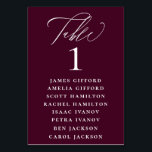 Plum Purple Calligraphy Seating Chart Table Number<br><div class="desc">Elegant white calligraphy "table",  with guest names listed and table number,  wedding table number seating chart card. Background colour shown in plum purple,  can be customized.</div>