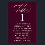 Plum Purple Calligraphy Seating Chart Table Number<br><div class="desc">Elegant white calligraphy "table",  with guest names listed and table number,  wedding table number seating chart card. Background colour shown in plum purple,  can be customized.</div>