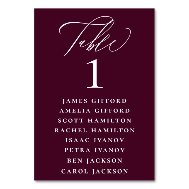 Plum Purple Calligraphy Seating Chart Table Number (Front)