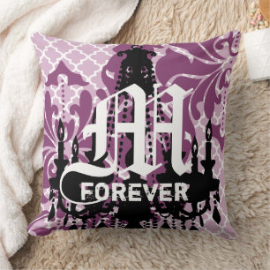 Plum Purple Chandelier Monogram with Wedding Date Throw Pillow