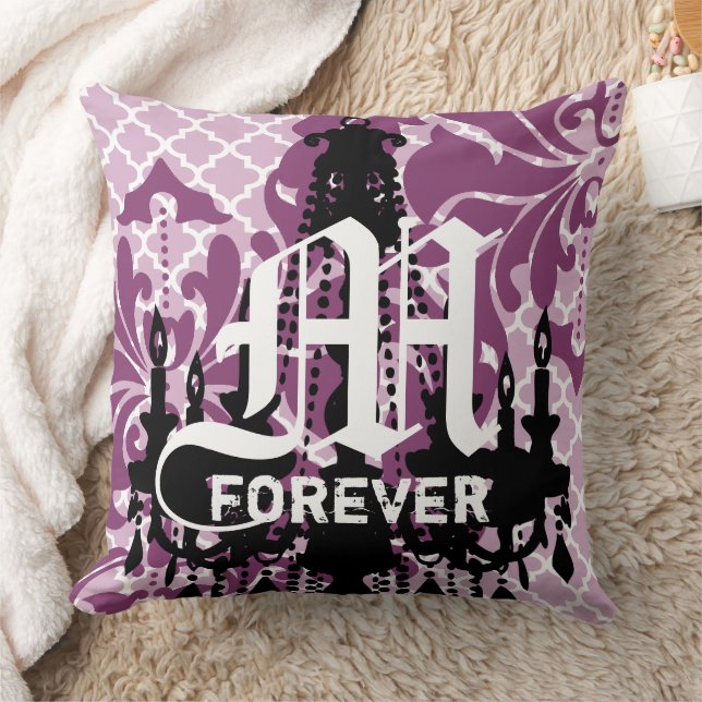 Plum Purple Chandelier Monogram with Wedding Date Throw Pillow (Blanket)