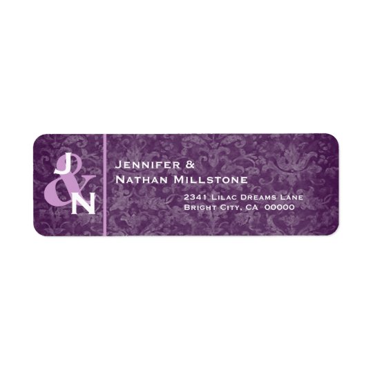 PLUM PURPLE Damask Wedding Monogram Return Address Label
