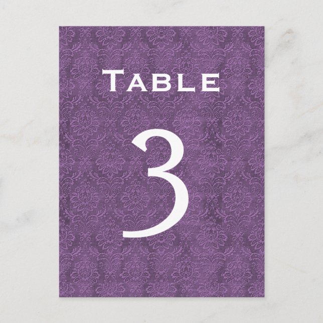 Plum Purple Damask Wedding Table Number 3 C202 Postcard (Front)