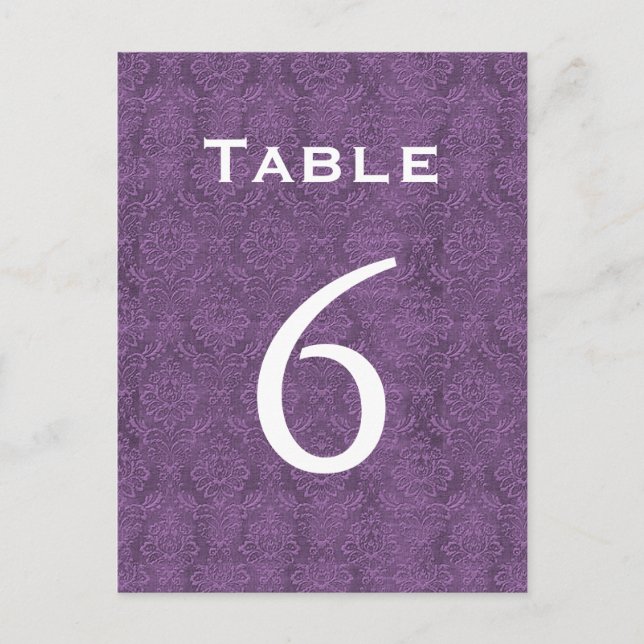 Plum Purple Damask Wedding Table Number 6 C205 Postcard (Front)