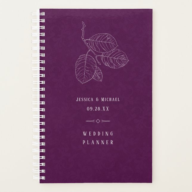 Plum Purple Delicate Leaf Outline Elegant Wedding Planner (Front)