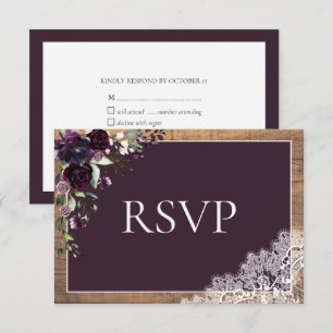 Plum Purple dentelle florale Mariage en bois RSVP