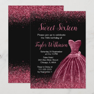 Plum Purple Dress Faux Glitter Sweet 16 Birthday Invitation