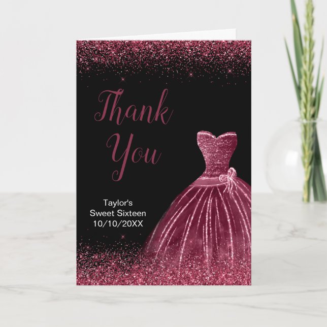 Plum Purple Dress Faux Glitter Sweet 16 Birthday Thank You Card (Front)