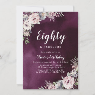 Plum purple & dusty pink boho floral 80th birthday invitation