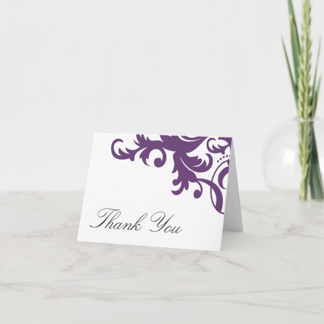 Plum Purple Elegant Damask Thank You Note Card (Front)