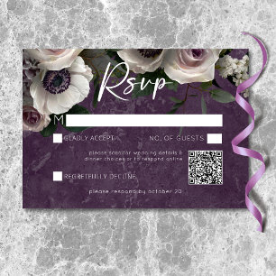 Plum Purple Elegant Floral Modern Wedding QR Code RSVP Card