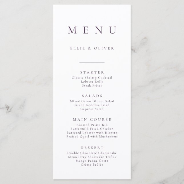 Plum Purple Elegant Minimalist Simple Flat Menu (Front)