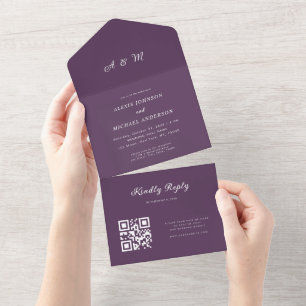 Plum Purple Elegant Monogram QR Code Wedding All In One Invitation