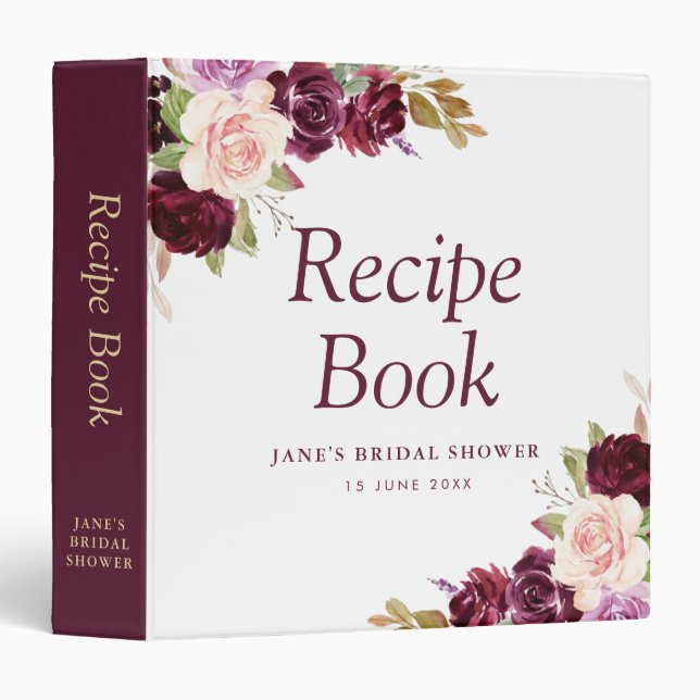 plum purple floral bridal shower recipe book binder (Front/Spine)
