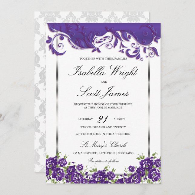 Plum Purple Floral Design Wedding Invitation (Front/Back)