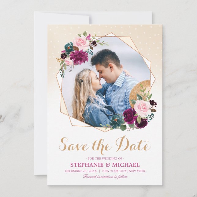 Plum Purple Floral Geometric Save the Date (Front)