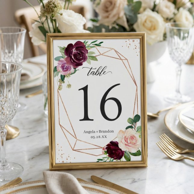 Plum Purple Floral Geometric Wedding Table Number (Creator Uploaded)