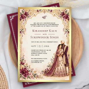Plum Purple Floral Gold Paisley Sikh Wedding Invitation