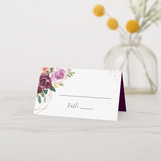 Plum Purple Floral Modern Rose Gold Wedding Place Card (Front)