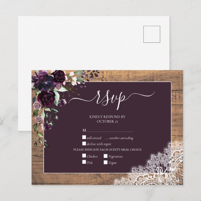 Plum Purple Floral Script Lace Wood Wedding RSVP Invitation Postcard (Front/Back)
