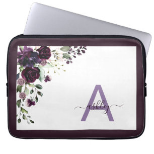 Plum Purple Floral Script Name Monogram Initial Laptop Sleeve