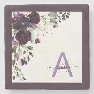 Plum Purple Floral Script Name Monogram Initial Stone Coaster