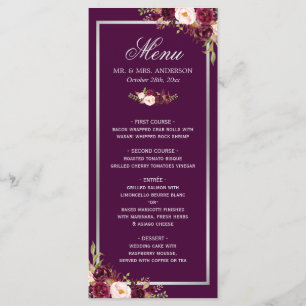 Plum Purple Floral Silver Grey Mariage Carte menu