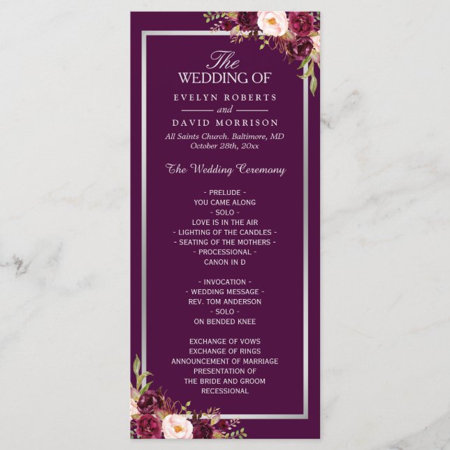 Plum Purple Floral Silver Grey Wedding Program (Front)
