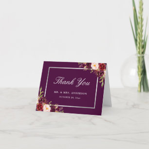 Plum Purple Floral Silver Grey Wedding Thank You