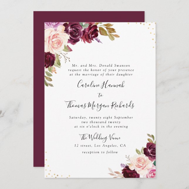 plum purple floral wedding invitation (Front/Back)
