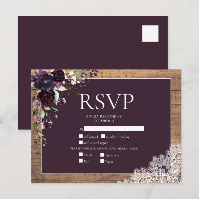 Plum Purple Floral Wood Lace Rustic Wedding RSVP Invitation Postcard (Front/Back)