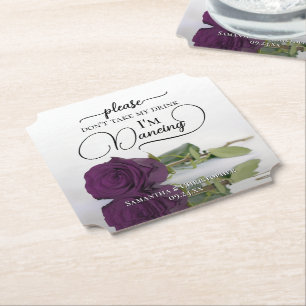 Plum Purple Glam Rose Don't Take My Drink Wedding Paper Coaster