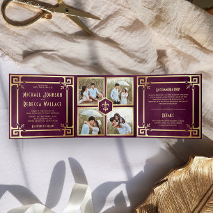 Plum Purple Gold Art Deco Photo Collage Wedding Tri-Fold Invitation