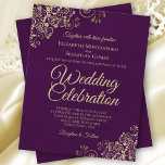 Plum Purple & Gold Fancy BUDGET Wedding Invitation<br><div class="desc">These affordable, budget friendly wedding invitations are the perfect choice for class, style, and beauty on a budget. The design features a deep plum purple background with ornate golden curls and swirls in the corners. The typography includes fancy script lettering for a style that is at once simple and elegant....</div>