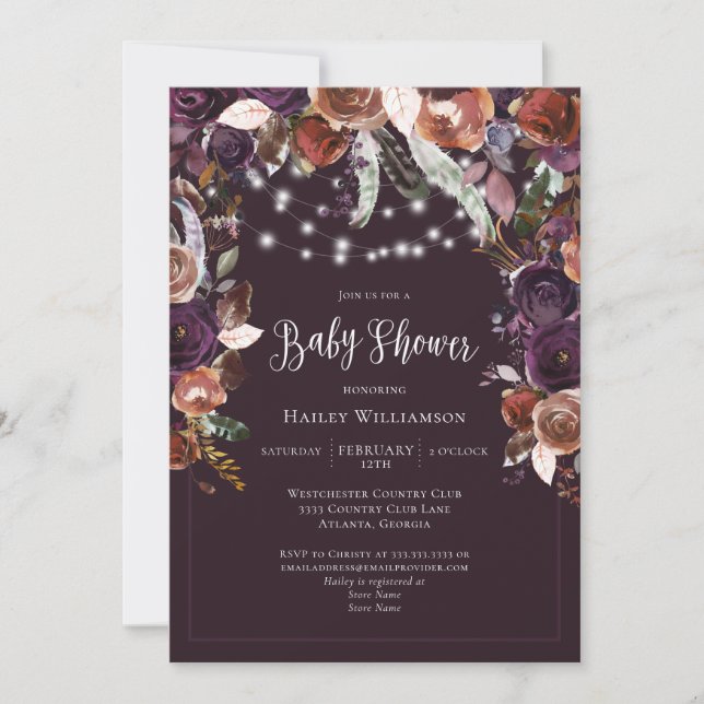 Plum, Purple, Gold Floral String Light Baby Shower Invitation (Front)