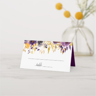Plum Purple Gold Floral Wedding Place Card