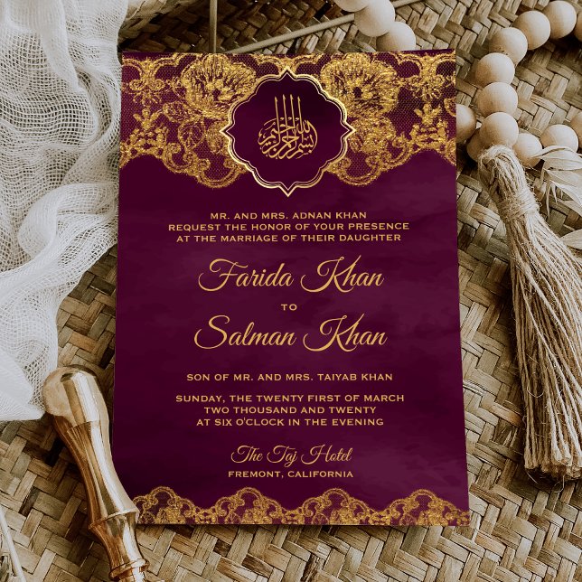 Plum Purple Gold Foil Lace Islamic Muslim Wedding Invitation (Creator Uploaded)