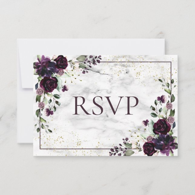 Plum Purple Gold Marble Fall No Food Wedding RSVP (Front)