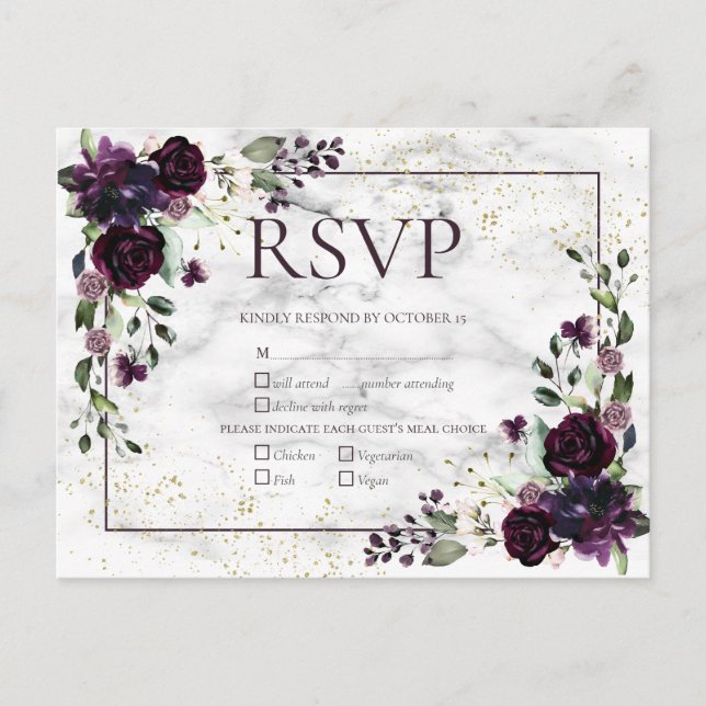 Plum Purple Gold Marble Fall Wedding RSVP Invitation Postcard (Front)