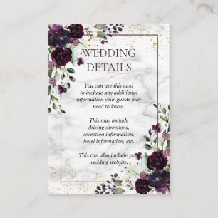 Plum Purple Gold Marble Floral Wedding Details Enclosure Card