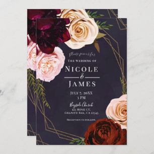 Plum Purple & Gold Modern Rustic Floral Wedding Invitation