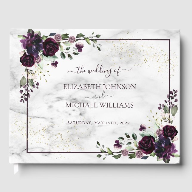 Plum Purple Gold Watercolor Marble Fall Wedding Guest Book (Front)
