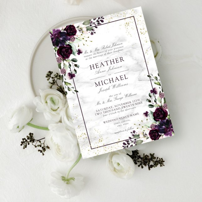 Plum Purple Gold Watercolor Marble Fall Wedding In Invitation (Creator Uploaded)