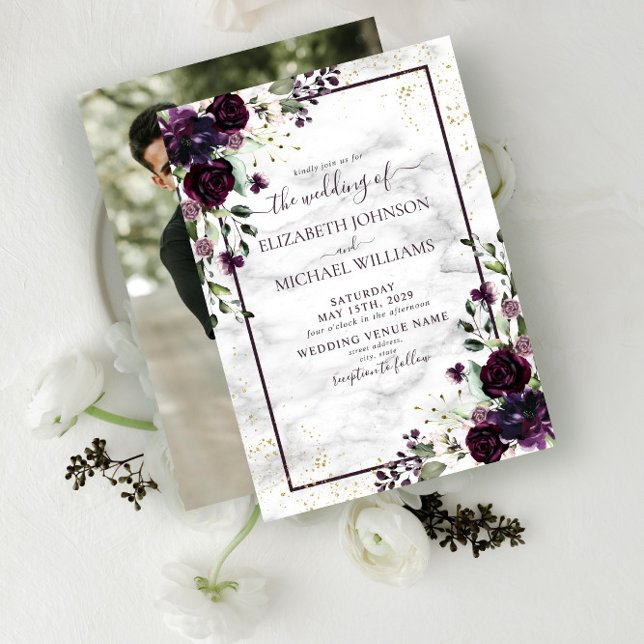 Plum Purple Gold Watercolor Marble Photo Wedding Invitation (Creator Uploaded)