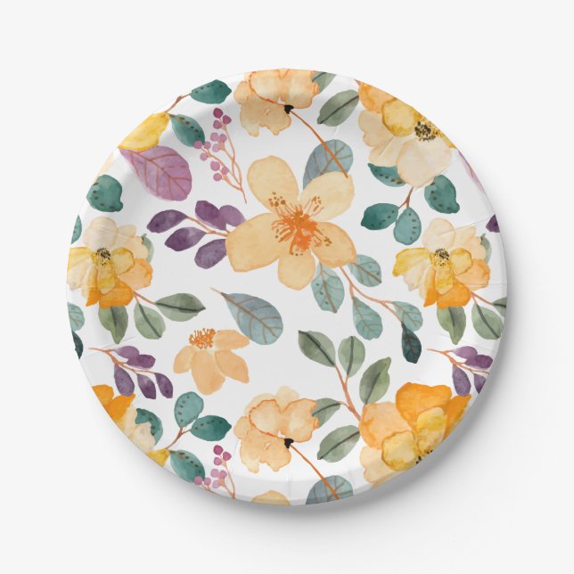 Plum Purple Golden Yellow Floral Paper Plate (Front)