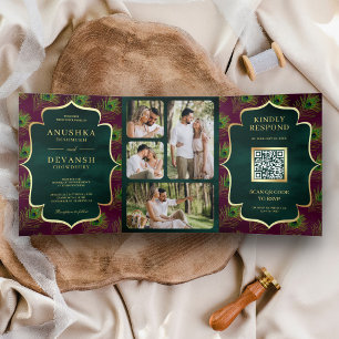 Plum Purple Green Peacock Feathers QR Code Wedding Tri-Fold Invitation