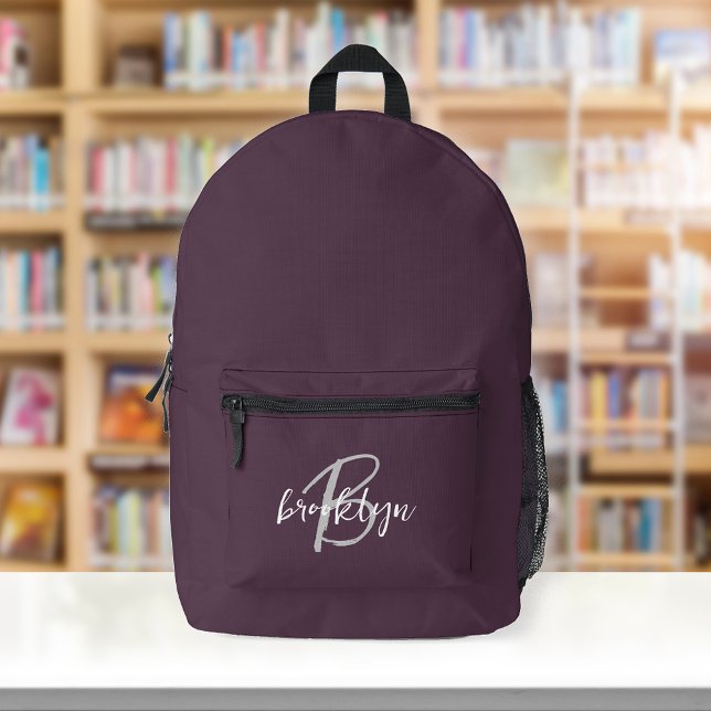 Plum Purple Grey White Script Monogram  Printed Backpack (Creator Uploaded)