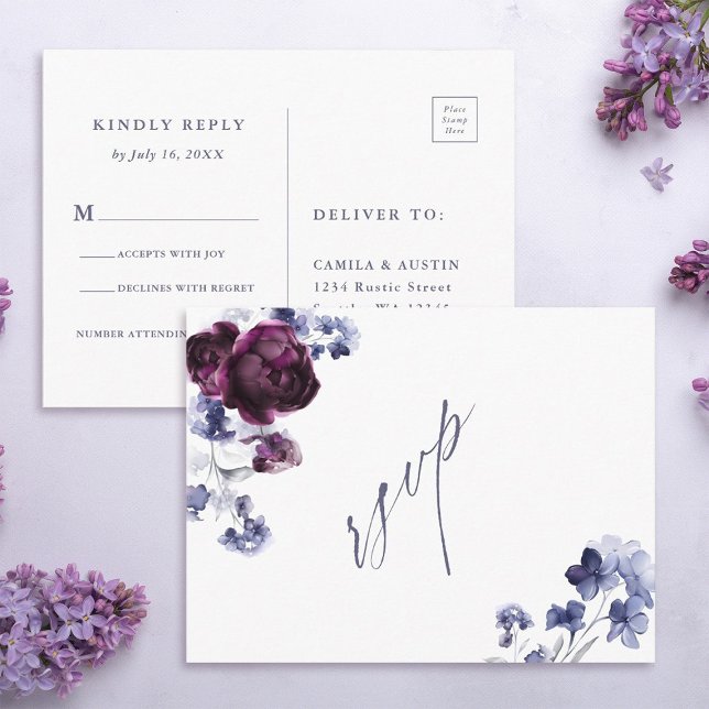 Plum Purple & Indigo Blue Floral Wedding RSVP Postcard (Front & Back)