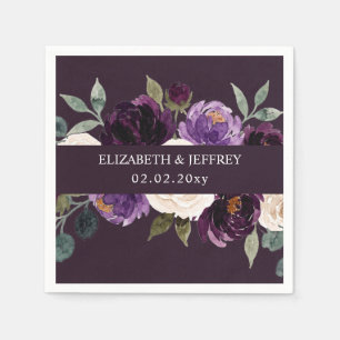 Plum Purple Ivory Eggplant Floral Wedding Napkin
