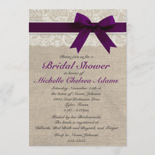 Plum Purple Lace Burlap Bridal Shower Invitation